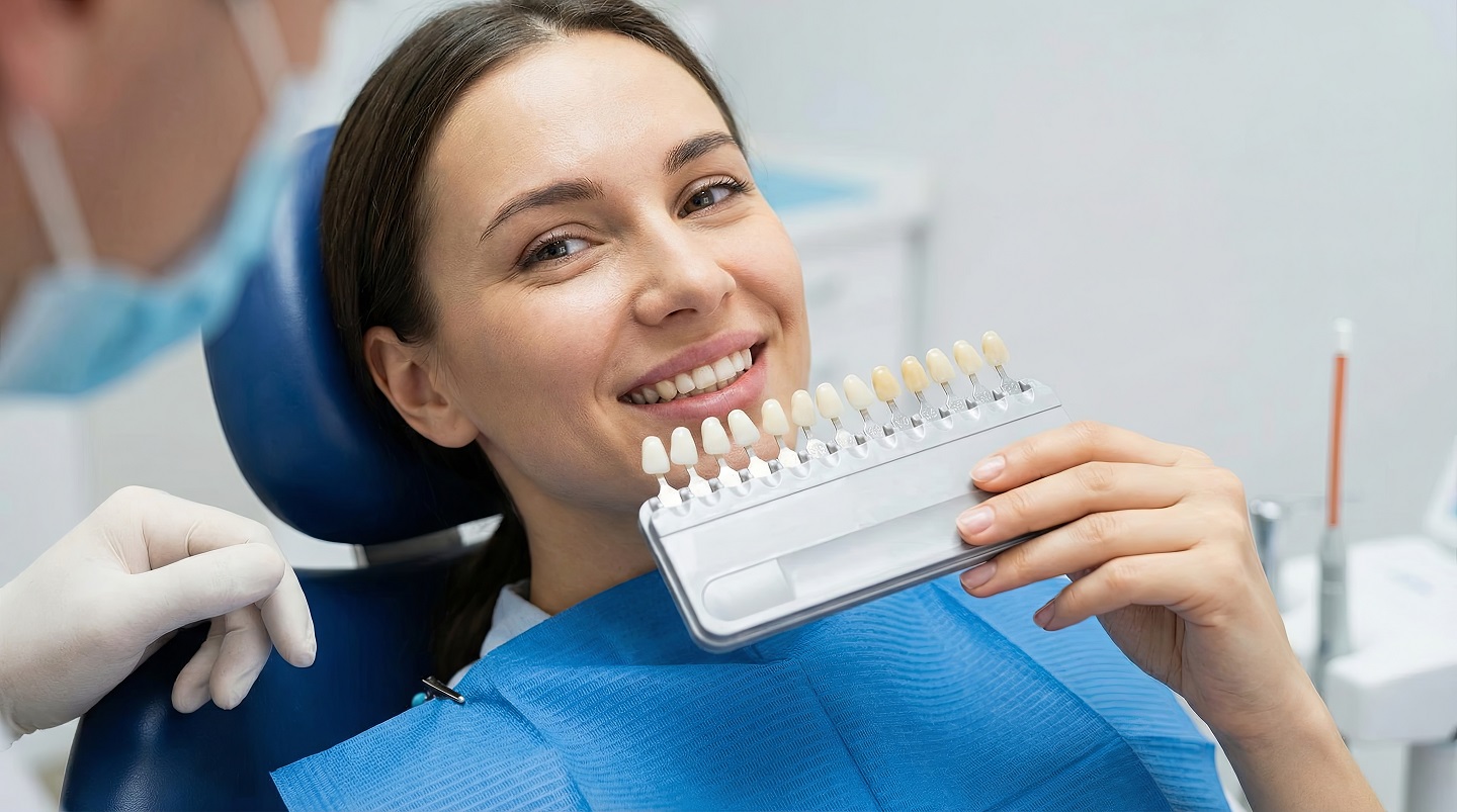 Patient showing a bright, natural-looking smile after porcelain veneers treatment